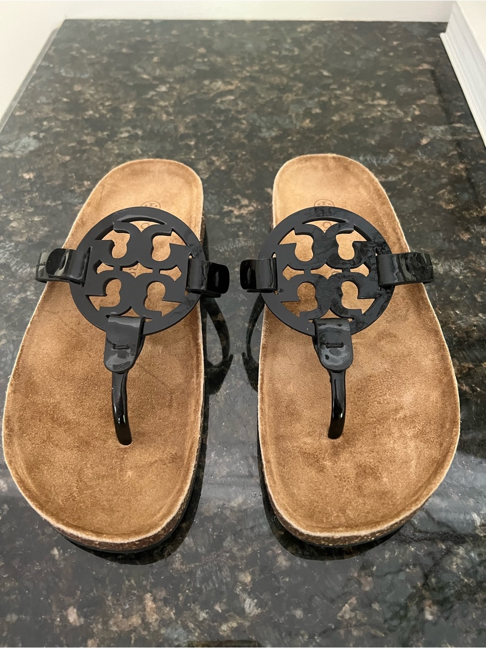 Tory Burch Black Patent Logo Toe-Post Sandals with Brown Footbed